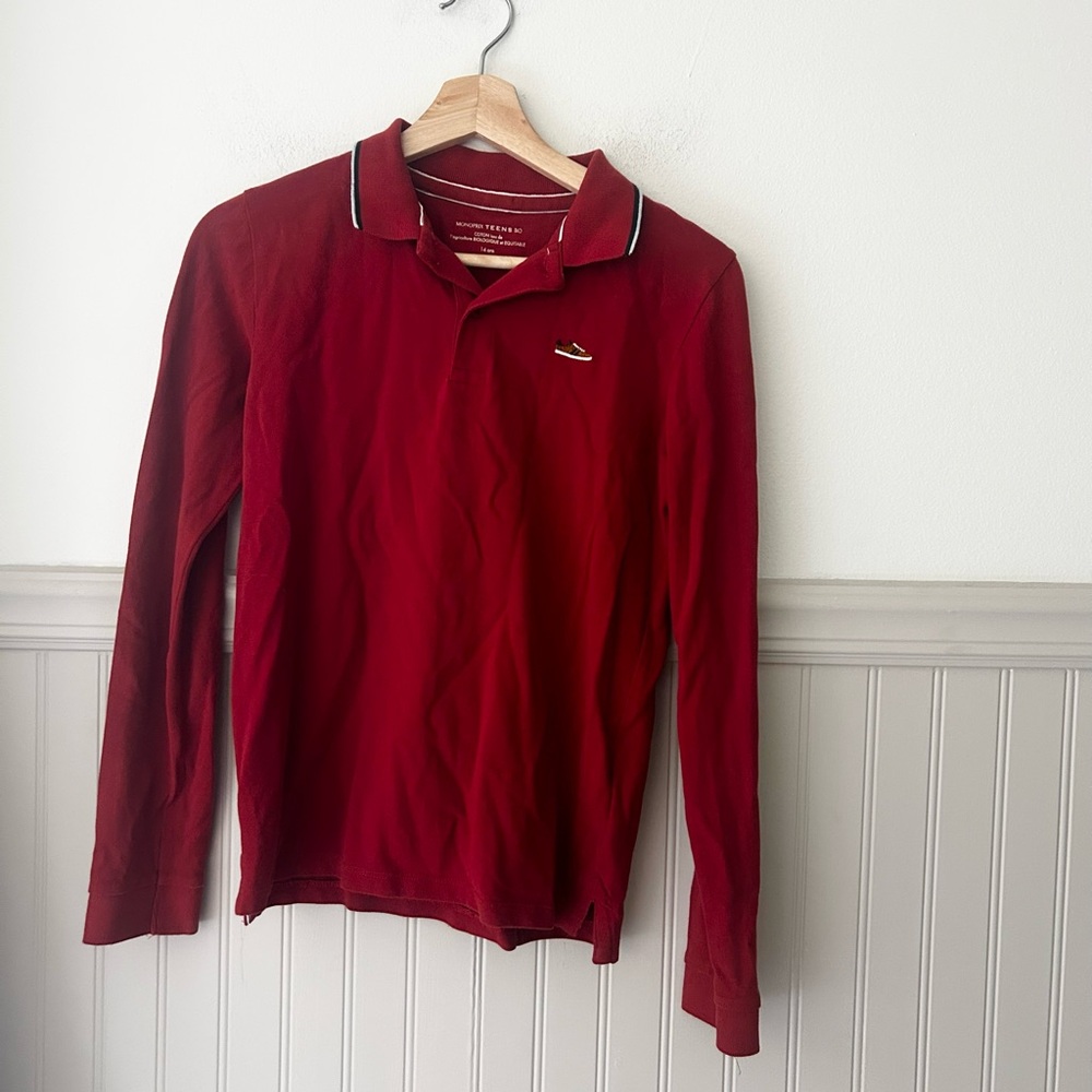 Monoprix Teen Boys 14 French Fashion Brand Red Long Sleeve Polo Shirt
